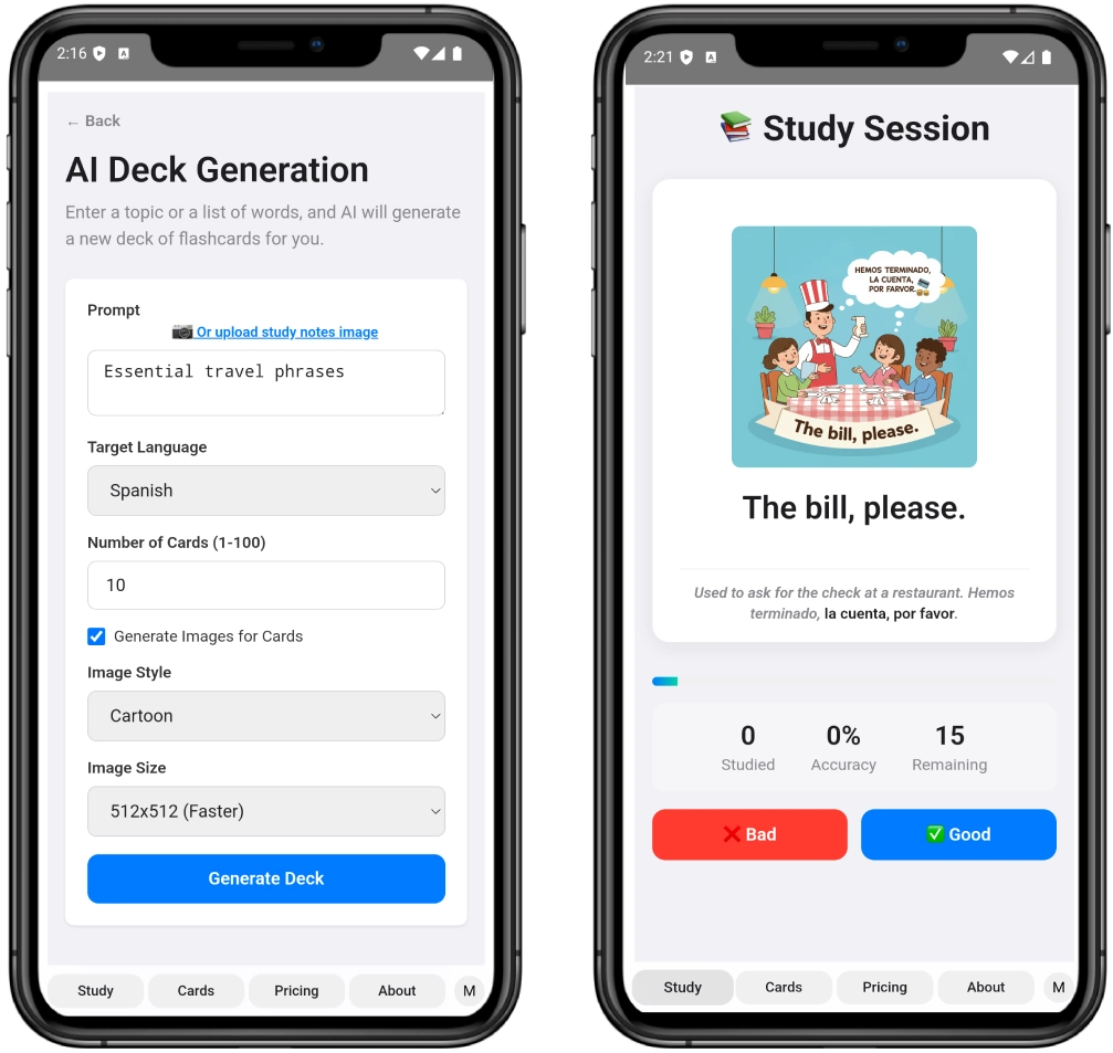 GenDeck AI flashcard app showing a beautifully generated vocabulary card with an AI image